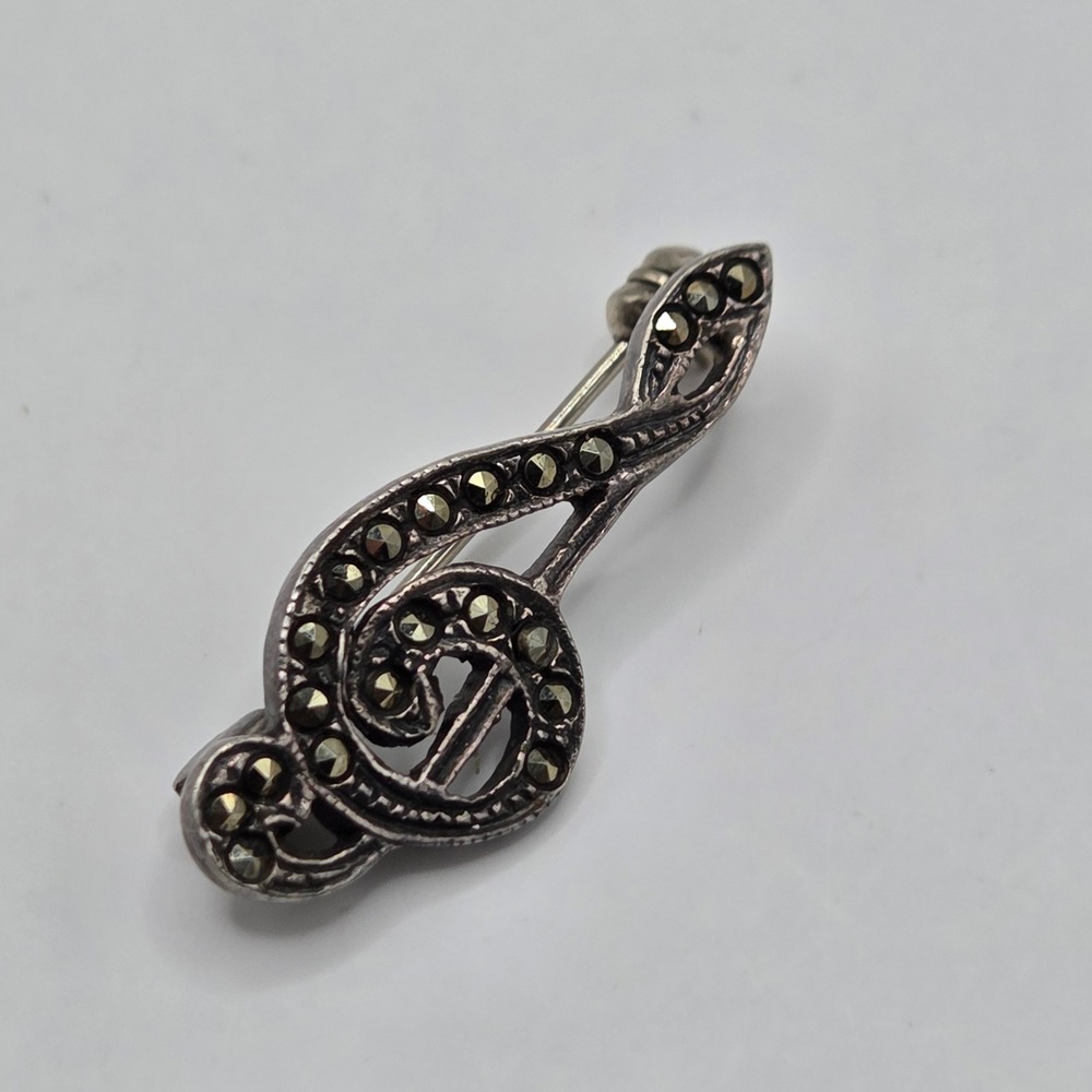 Sterling Silver 925 Marcasite Treble Clef Brooch Pin 1.25"